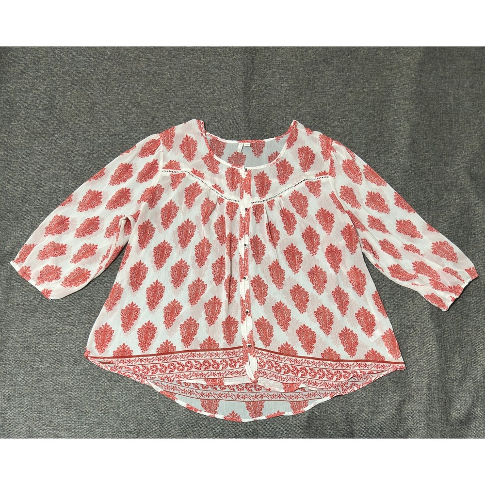 Cato Women's 22/24W Blouse Red White Paisley Button Up Sheer 3/4 Sleeve